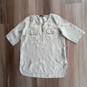 Ellen Tracy Linen Tunic Top Tassel Roll Tab Sleeve Tan Size M